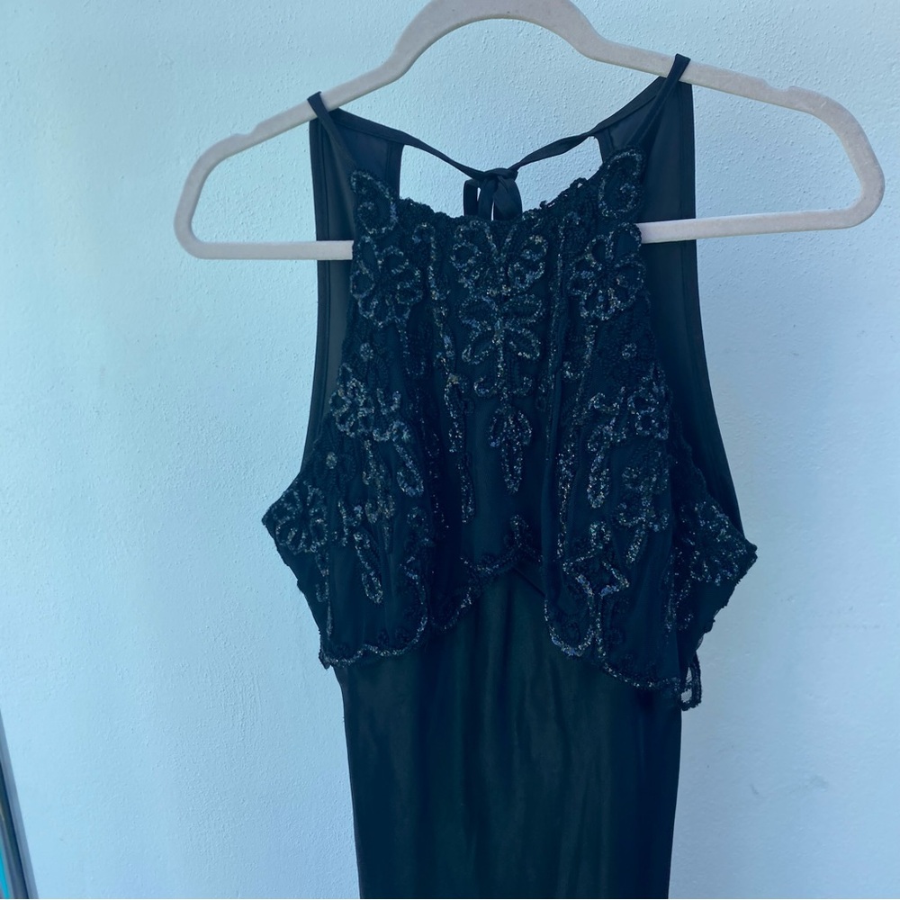 Vintage Caché Black Glitter Floral Embroidered Satin Gown Size 9/10
